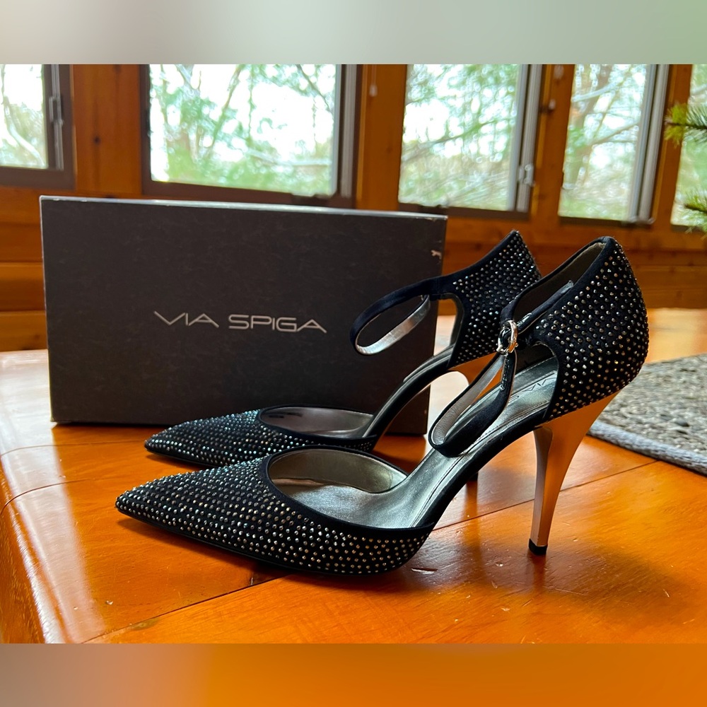 NEW! Via Spiga ABBA Black Satin Evening Heels with Iridescent Sequins - SZ 10
